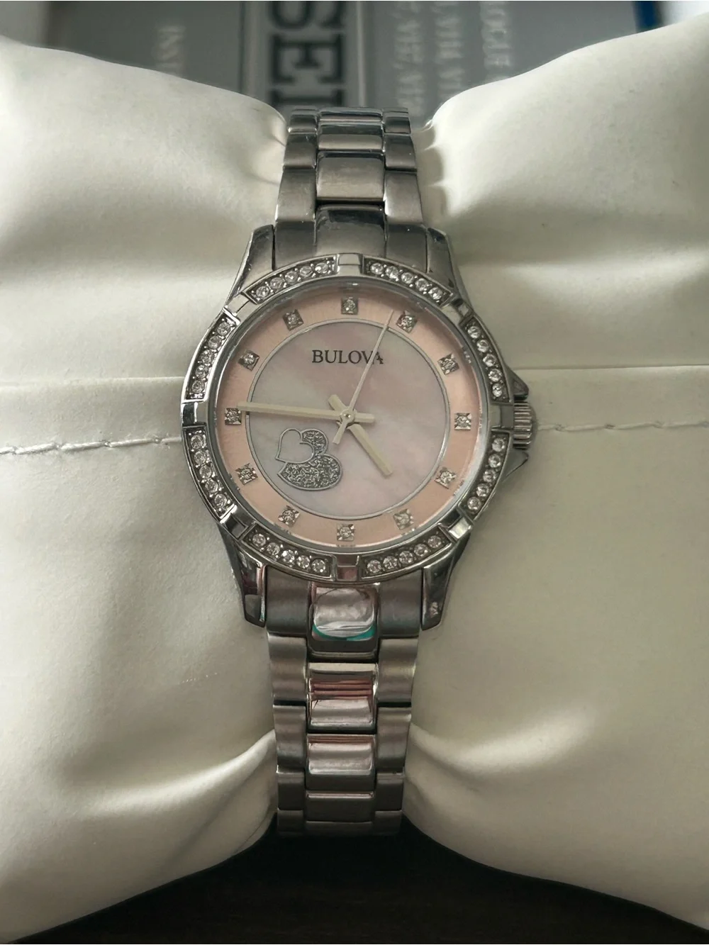 Bulova Silver Watch with Pink Mother-of-Pearl Dial and Crystal Accents